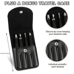 4pcs Stainless Steel Tweezers Set with Travel Case for Hair Removal
