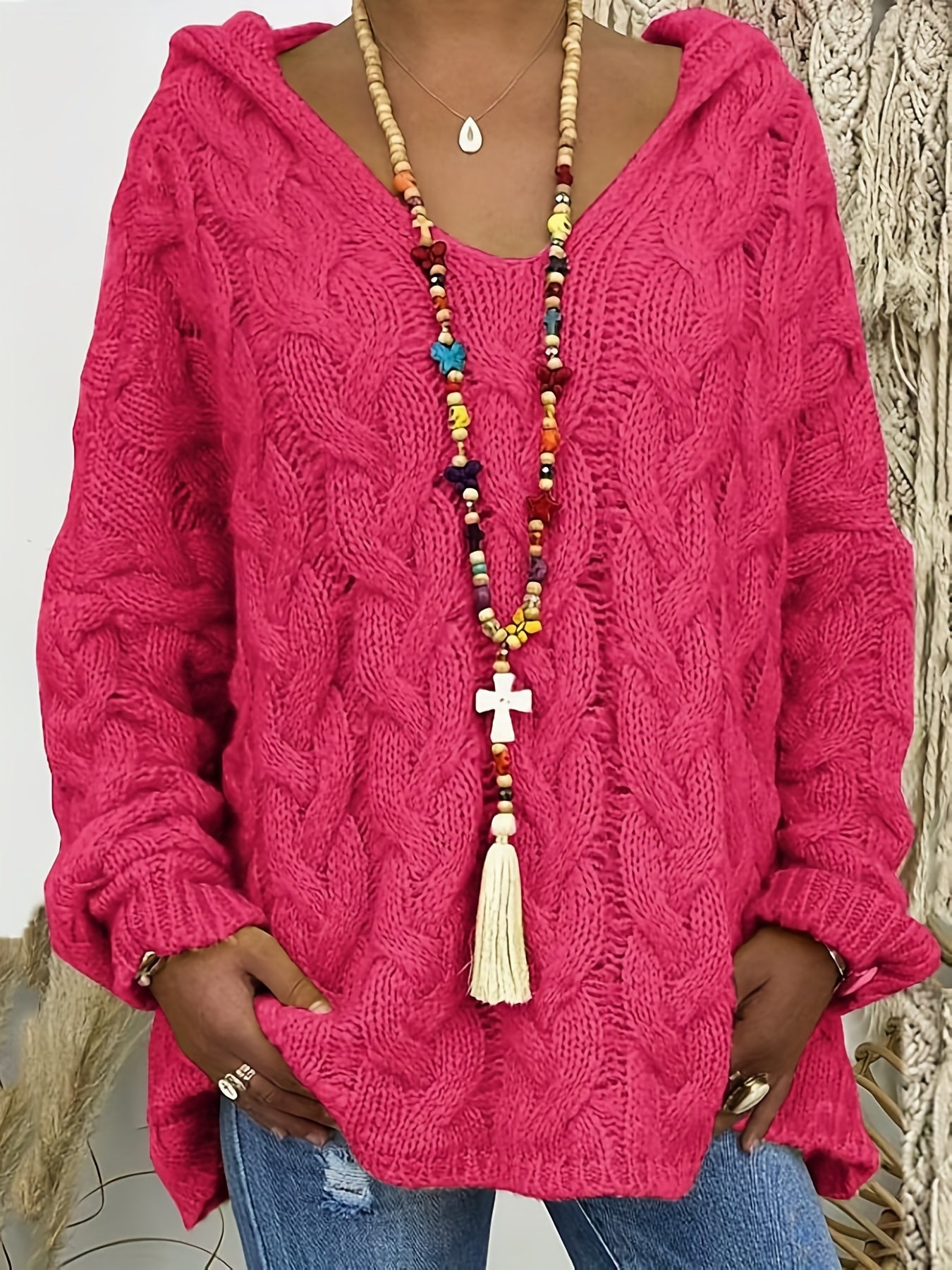  Casual Sweater Women's Solid Hooded Knitted Pullover Jumper