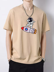 Rocket & Astronaut Pattern Print Men's Graphic Cotton Crew Neck T-shirt