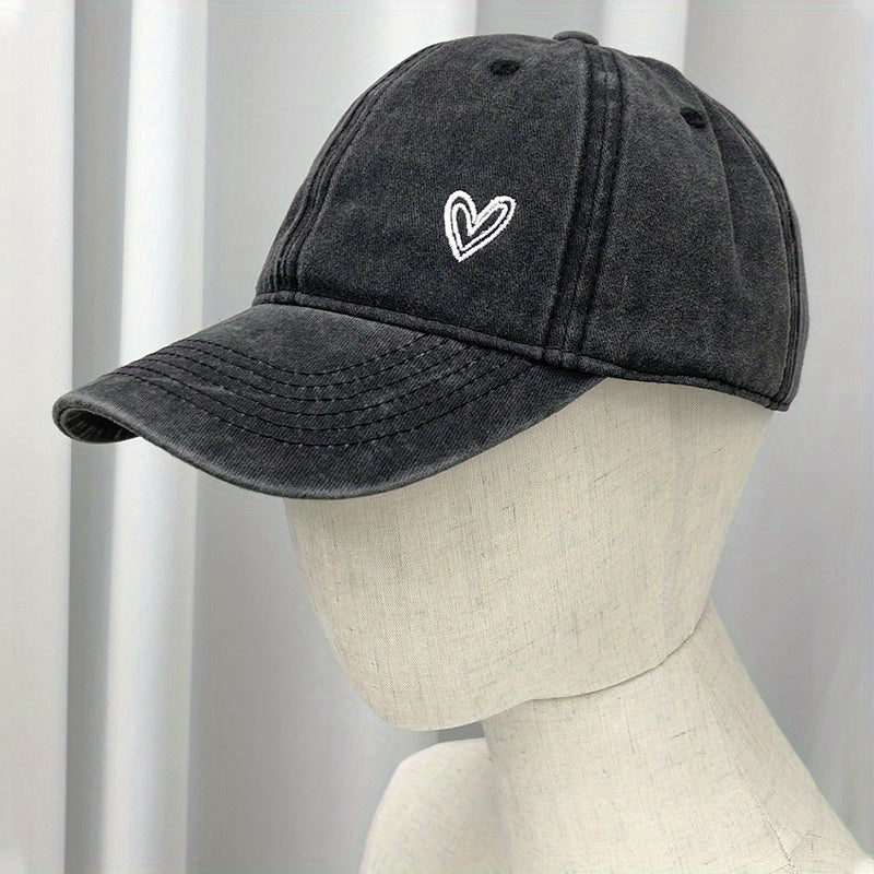 Vintage Washed Cowboy Baseball Cap with Heart Embroidery