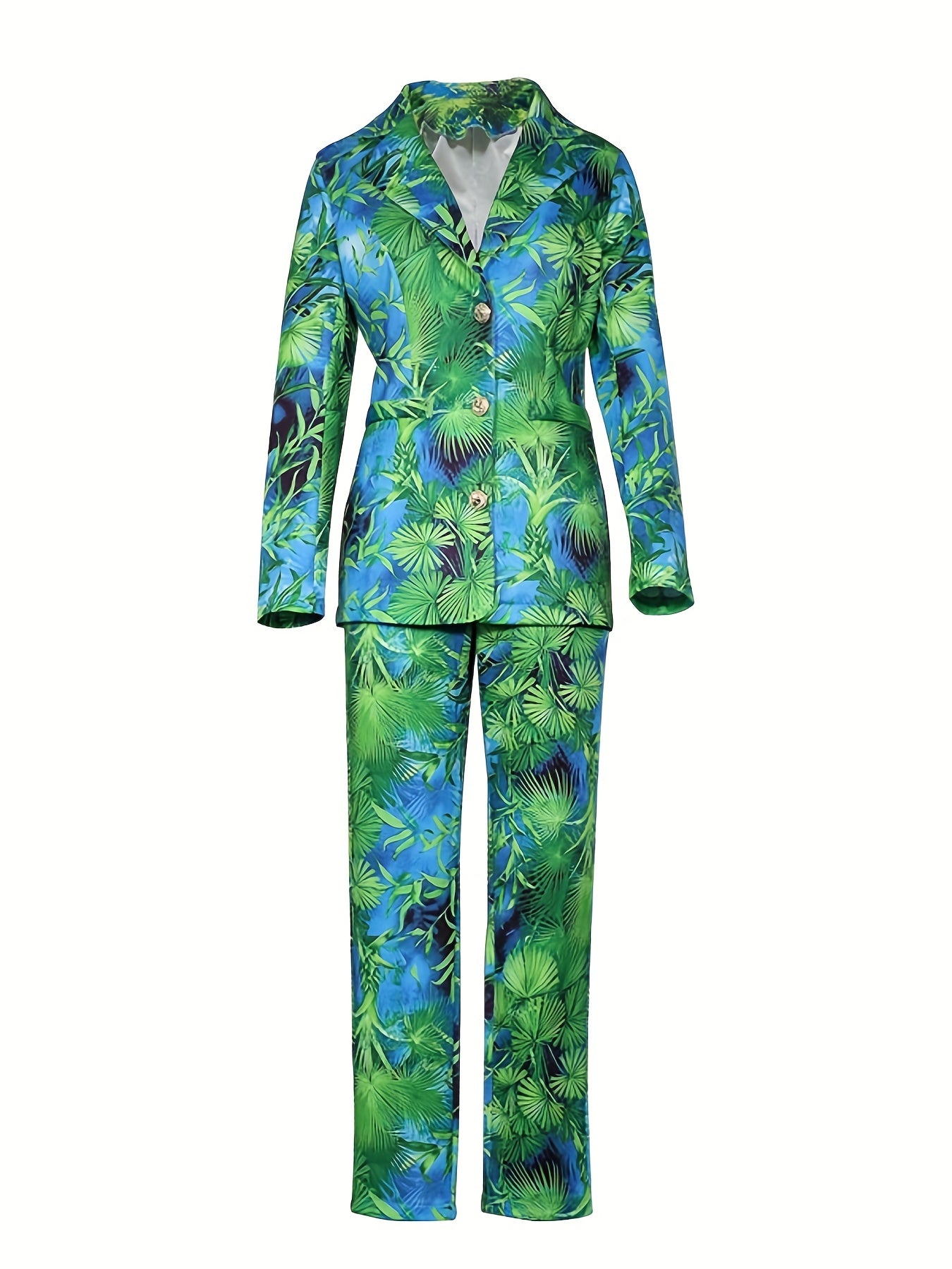  Casual Suit Set Women's Plus Allover Print Blazer & Pants Suit