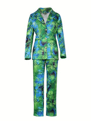  Casual Suit Set Women's Plus Allover Print Blazer & Pants Suit