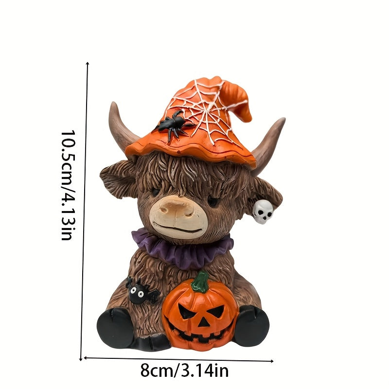 Spooky Highland Cow Halloween Figurines with Witch Hats
