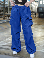  Solid Elastic Drawstring High Rise Cargo Pants