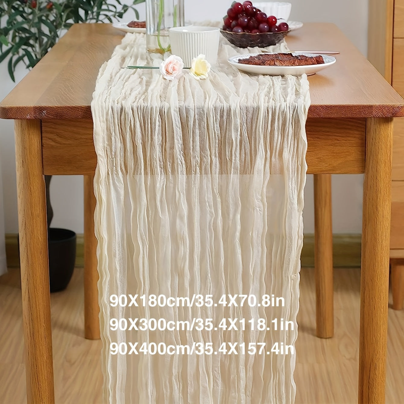 Polyester Table Runner Beige Balinese Pleated Solid Table Cover