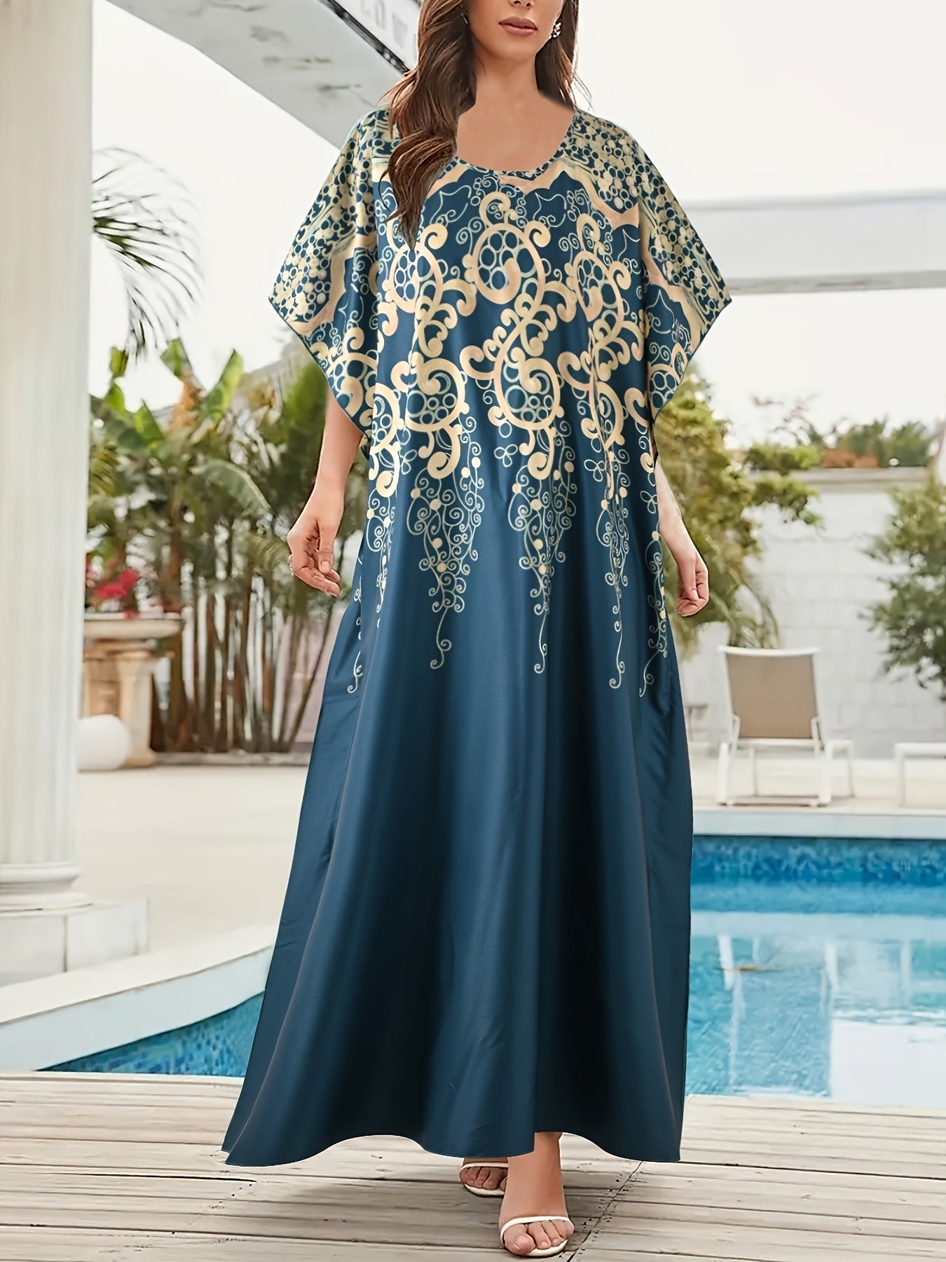 Boho Kaftan Dress Plus Size Baroque Print Maxi Cover Up