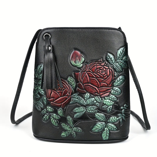 Floral Embossed Leather Crossbody Bucket Bag with Tassel