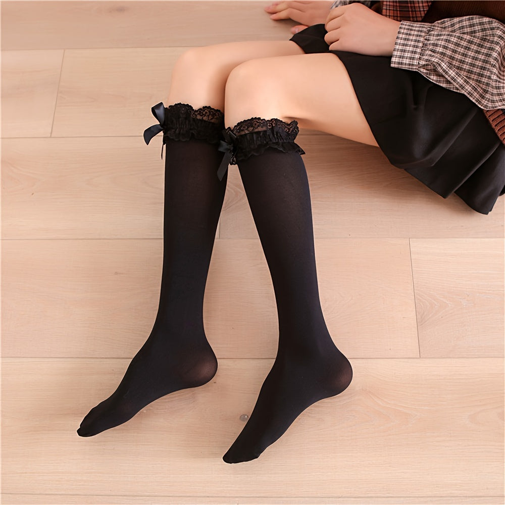 Lace Trim Calf Socks Lolita Bow Knee High Socks Stockings