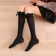 Lace Trim Calf Socks Lolita Bow Knee High Socks Stockings
