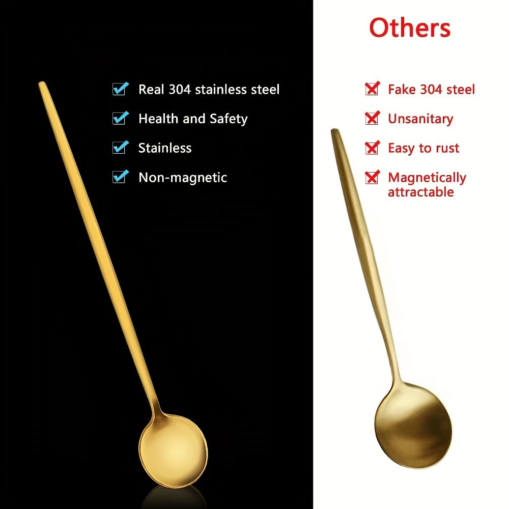 6pcs Stainless Steel Ice Tea Spoons Long Handle Golden Mirror Finish