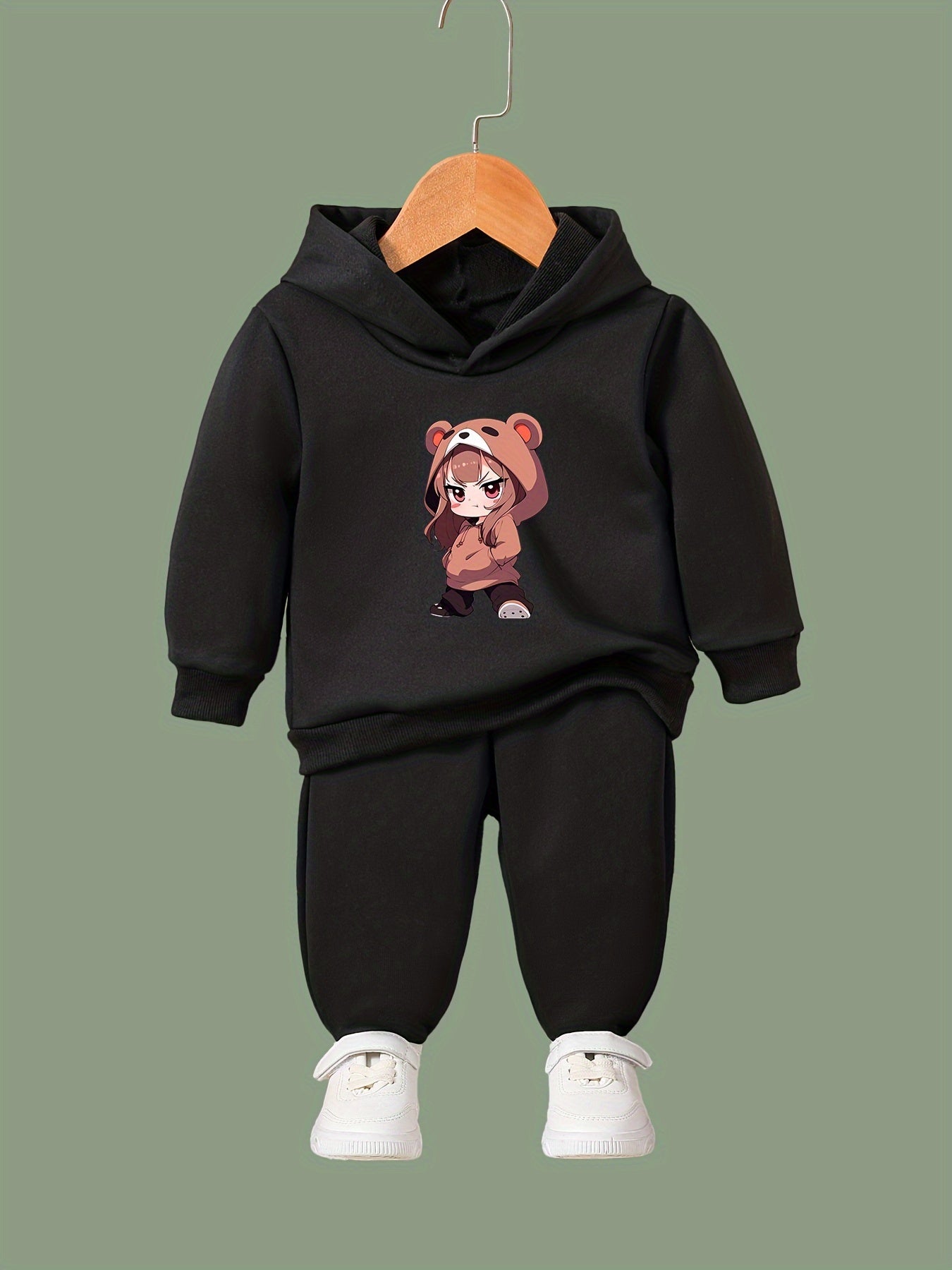 Anime Girl Pattern Long Sleeve Hooded Sweatshirt & Sweatpants