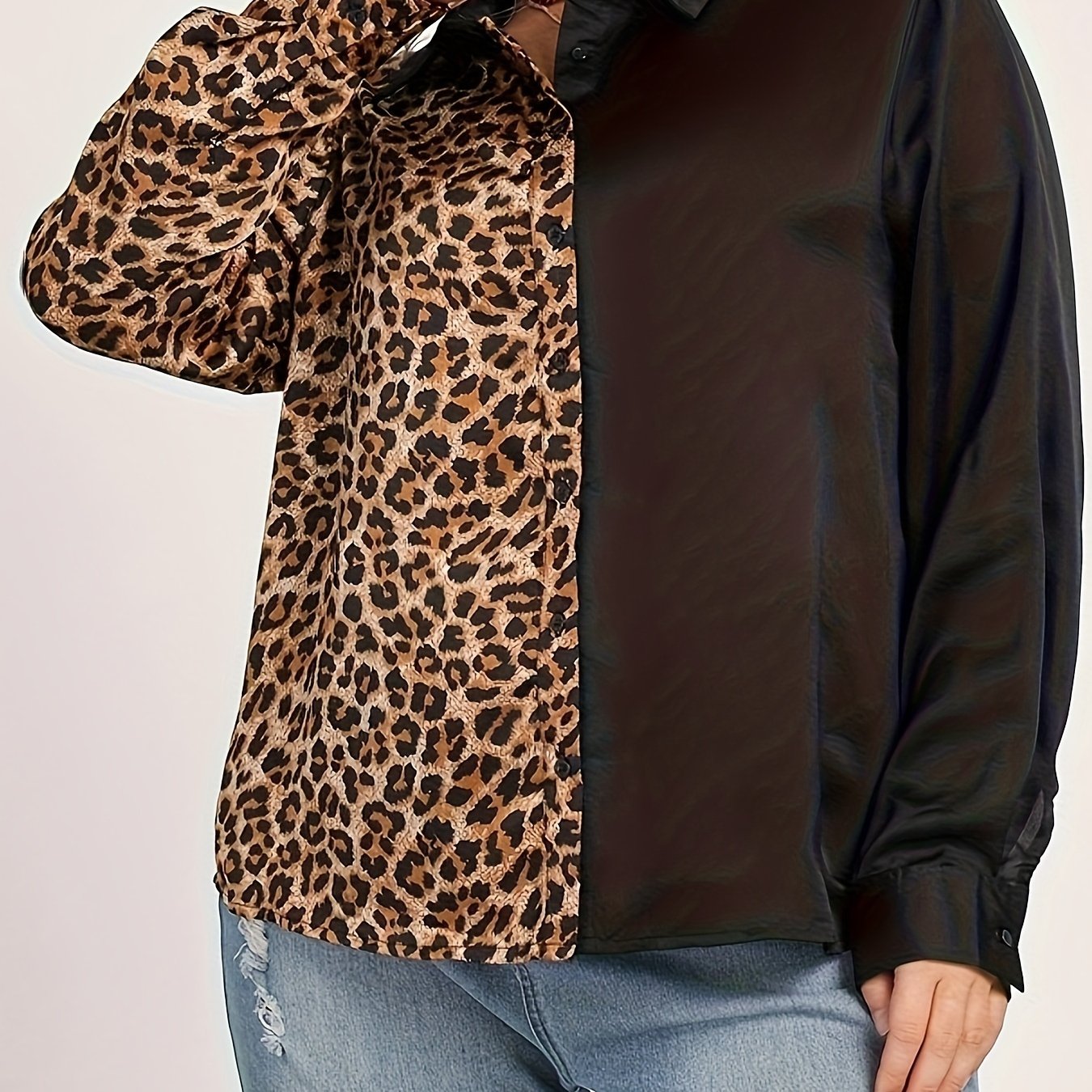  Colorblock Leopard Print Button Up Long Sleeve Blouse