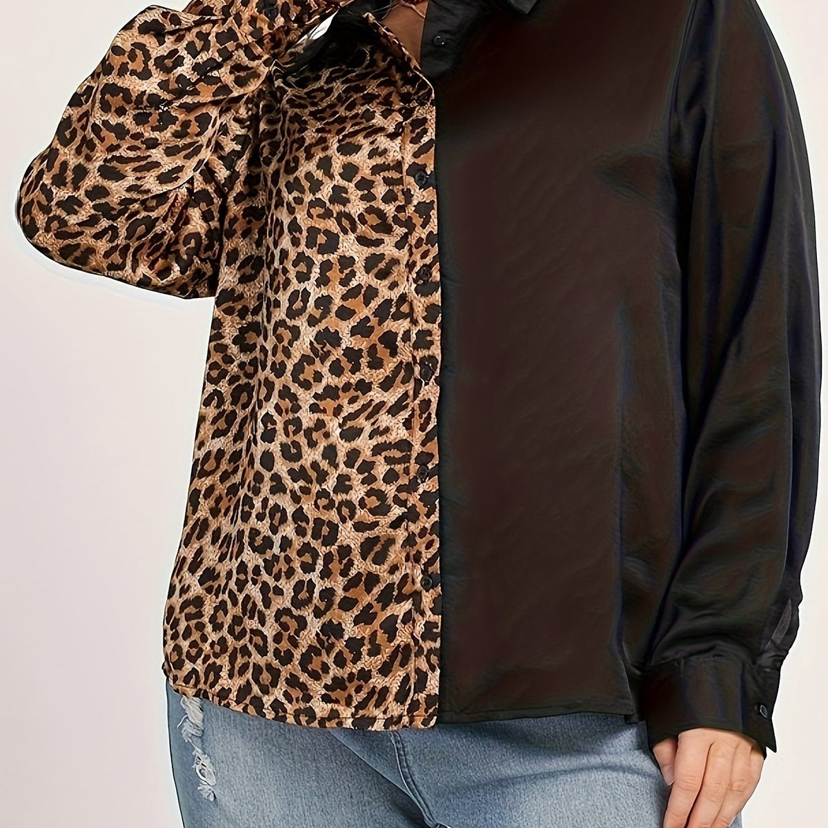  Colorblock Leopard Print Button Up Long Sleeve Blouse