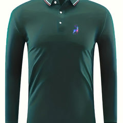 Men's Deer Print Polo Shirt Casual Stretch Button Up Long Sleeve Shirt