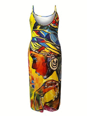  Colorblock Figure Print Maxi Cami Dress