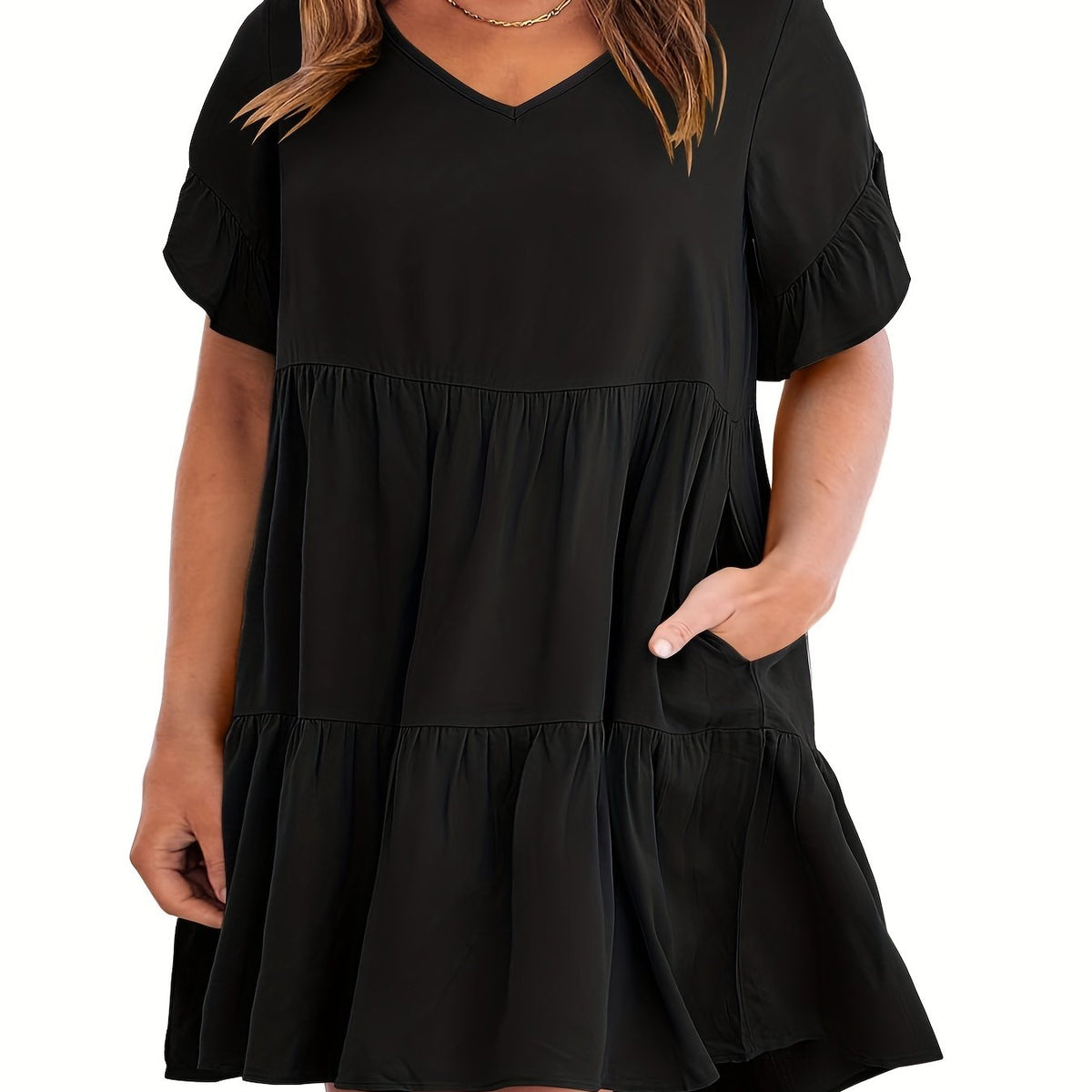  V Neck Ruffle Trim Mini Smock Dress With Pockets