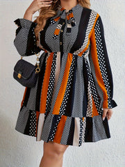  Colorblock Dot Print Button Up Lantern Sleeve Bow Knot Smock Dress