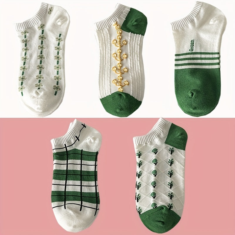 5 Pairs College Style Floral Print Ankle Socks Women's Stockings