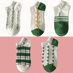 5 Pairs College Style Floral Print Ankle Socks Women's Stockings