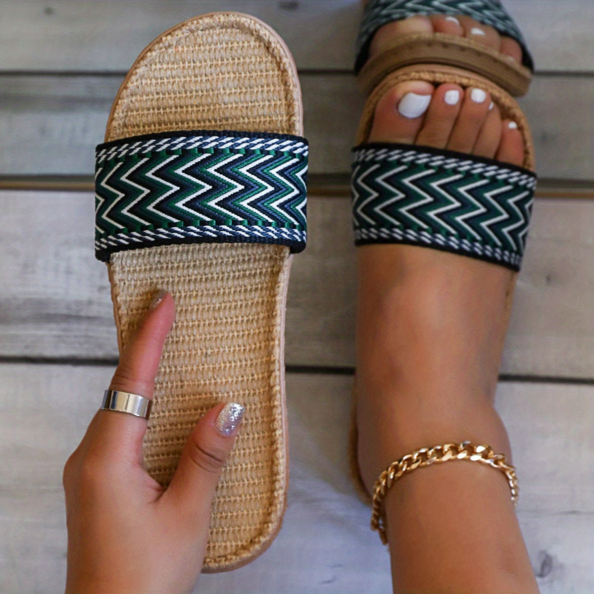 Women's Wave Striped Flat Linen Slides Open Toe Single Band Shoes