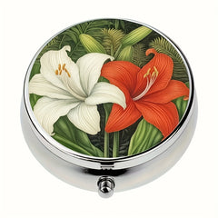 Metal Lily Flower Pattern Medicine Box 3 Compartments Travel Vitamin Storage