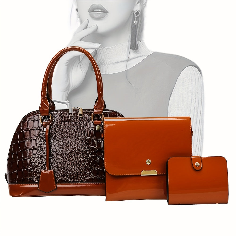3Pcs Crocodile Embossed Bag Set Women's Shell Handbags With Clutch Purse