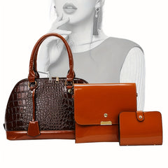 3Pcs Crocodile Embossed Bag Set Women's Shell Handbags With Clutch Purse