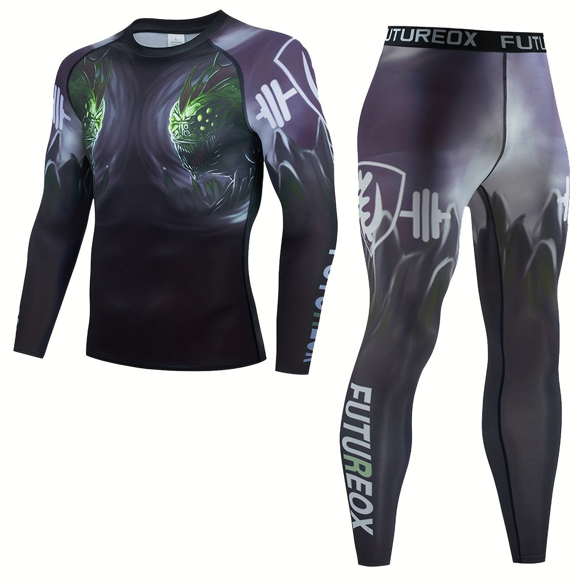 Men's Monster Pattern Compression Shirt & Pants Set for Outdoor Activities