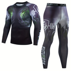 Men's Monster Pattern Compression Shirt & Pants Set for Outdoor Activities