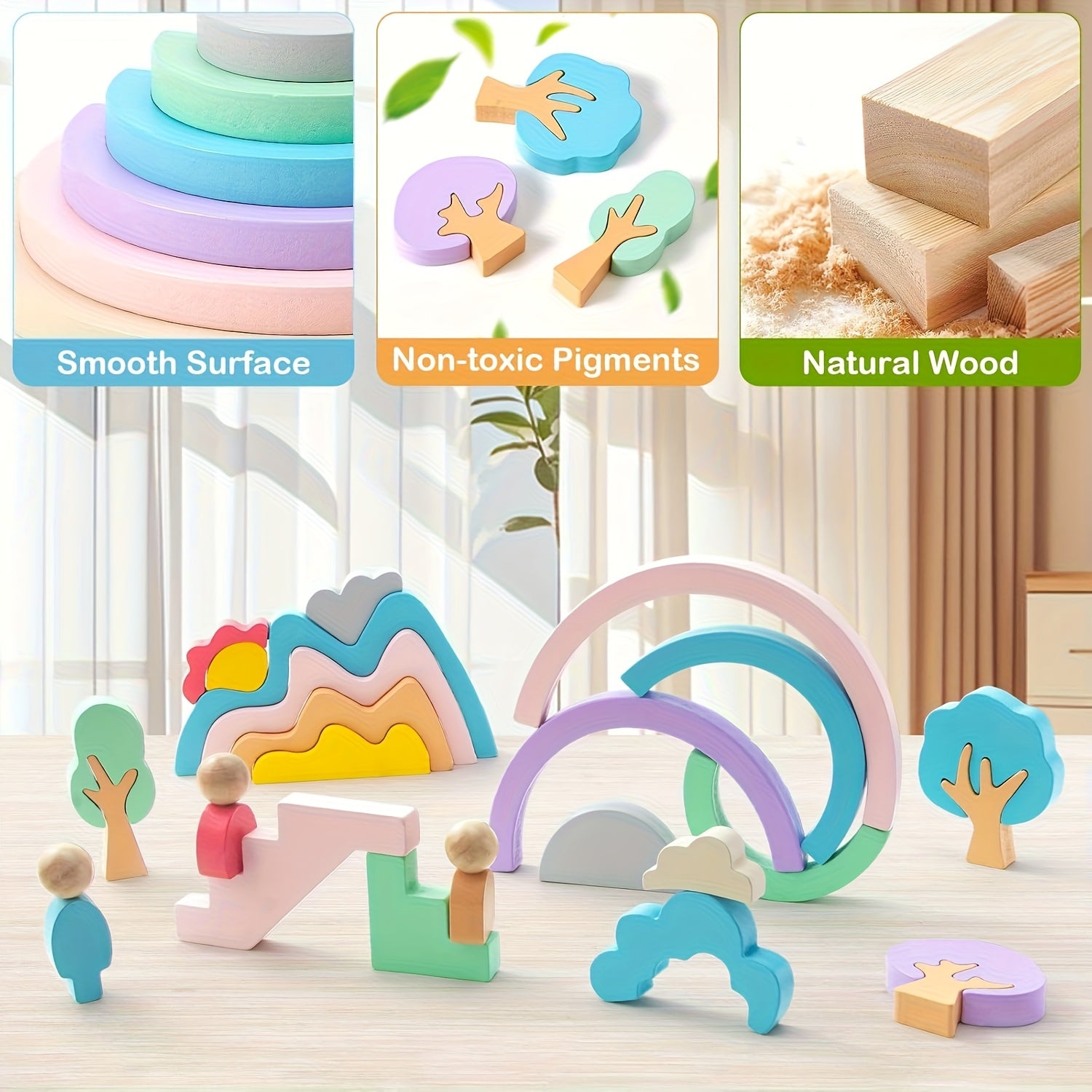 Wooden Building Blocks Rainbow Monster Tree House Mountain Landscape Toy