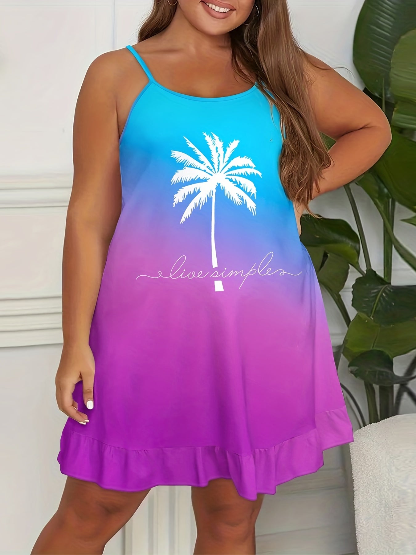  Ombre Coconut Tree Print Ruffle Trim Cami Sleep Dress