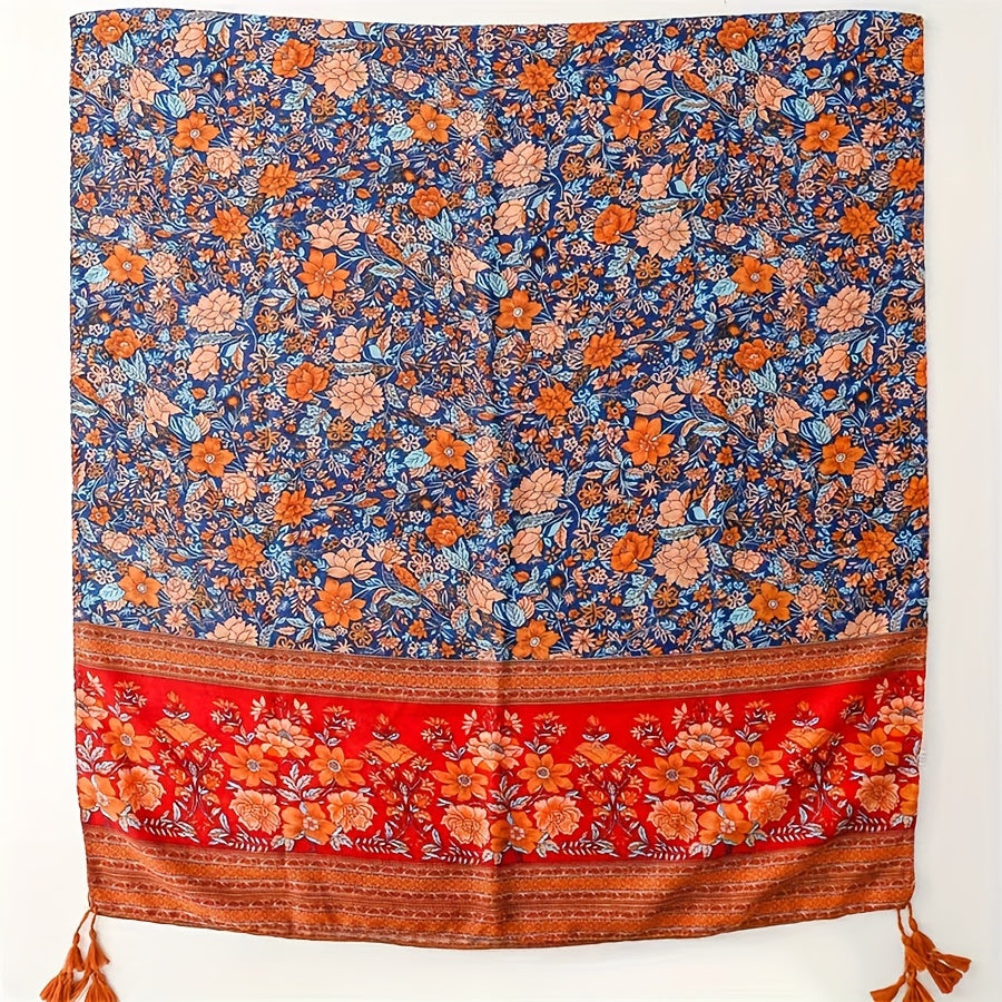 Boho Flower Print Tassel Scarf Red Block Shawl Hijab