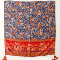 Boho Flower Print Tassel Scarf Red Block Shawl Hijab
