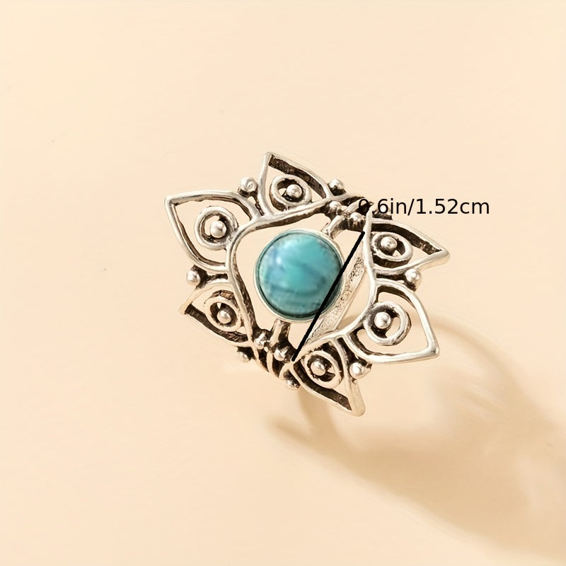 Geometric Turquoise Single Ring Vintage Carved Hollow Ring