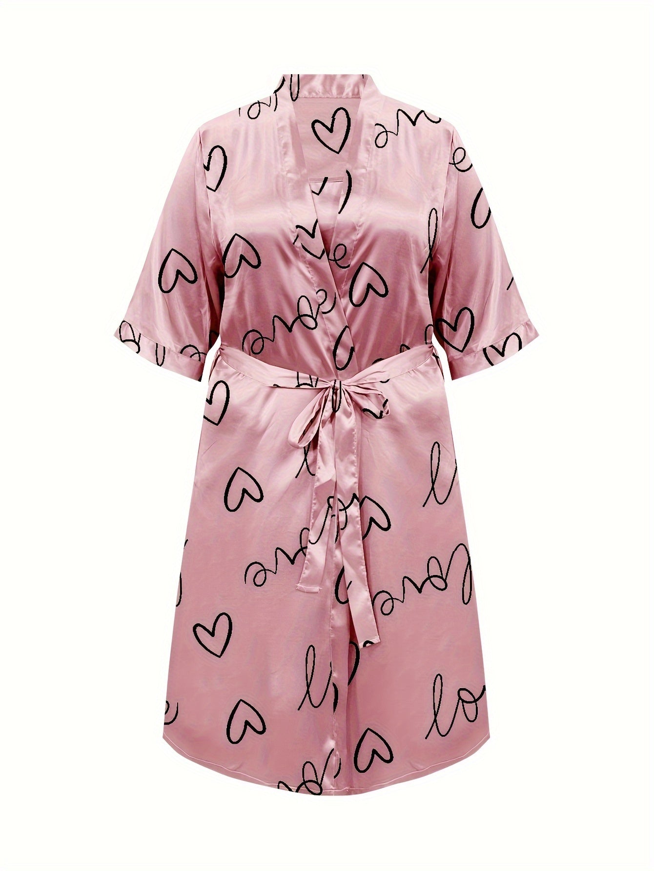  Heart Print Robe & Cami Satin Loungewear Set