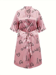  Heart Print Robe & Cami Satin Loungewear Set