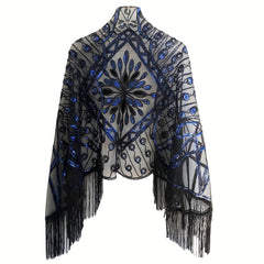 1920s Sequin Beaded Shawl Leaf Embroidery Tassel Cape