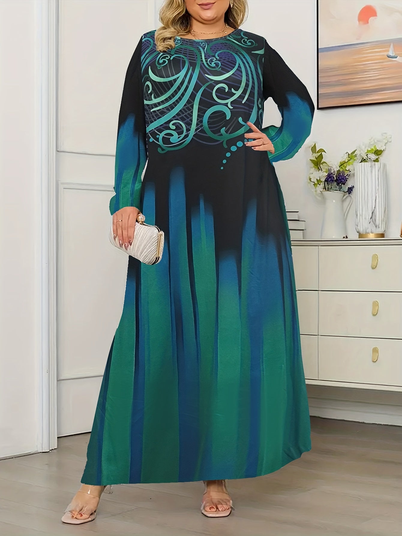  Women's Maxi Dress Graphic Print Long Sleeve Round Neck