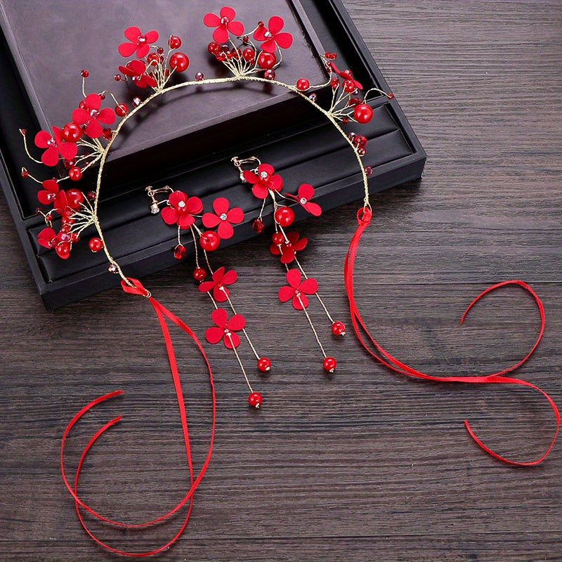 Red Flowers Headband Hairpins Clip Earring Set Chinese Style Bridal Wedding