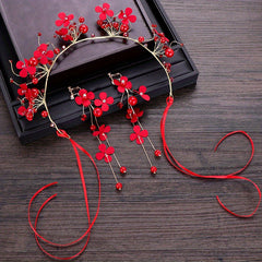Red Flowers Headband Hairpins Clip Earring Set Chinese Style Bridal Wedding