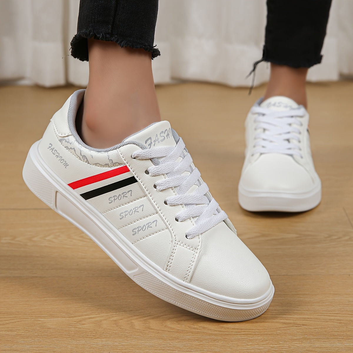 Stripes Pattern Faux Leather Skate Shoes Non Slip Flat Sneakers