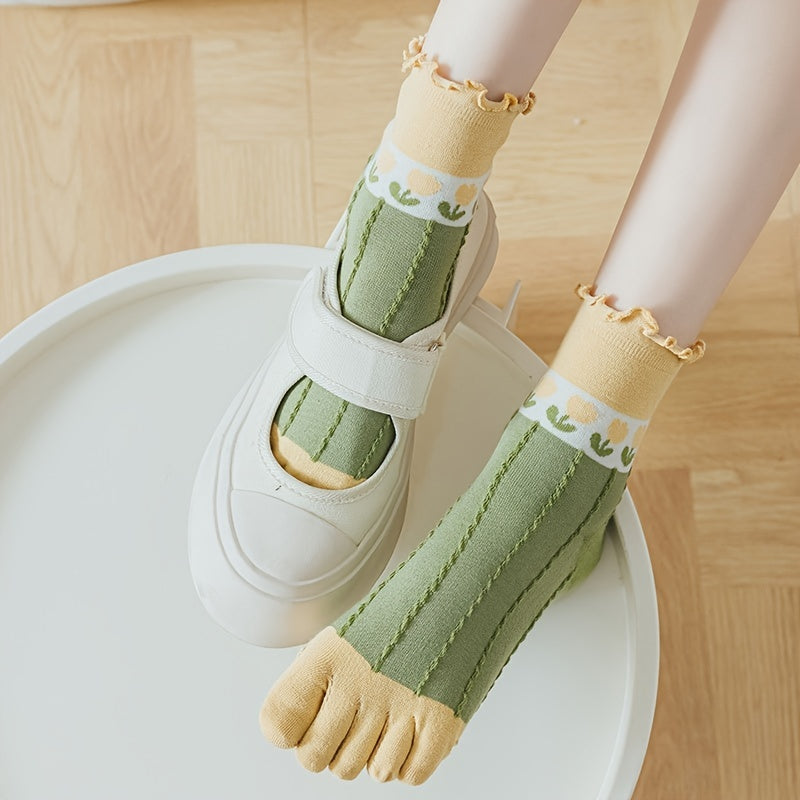 Floral Print Toe Socks 3D Textured Floor Socks