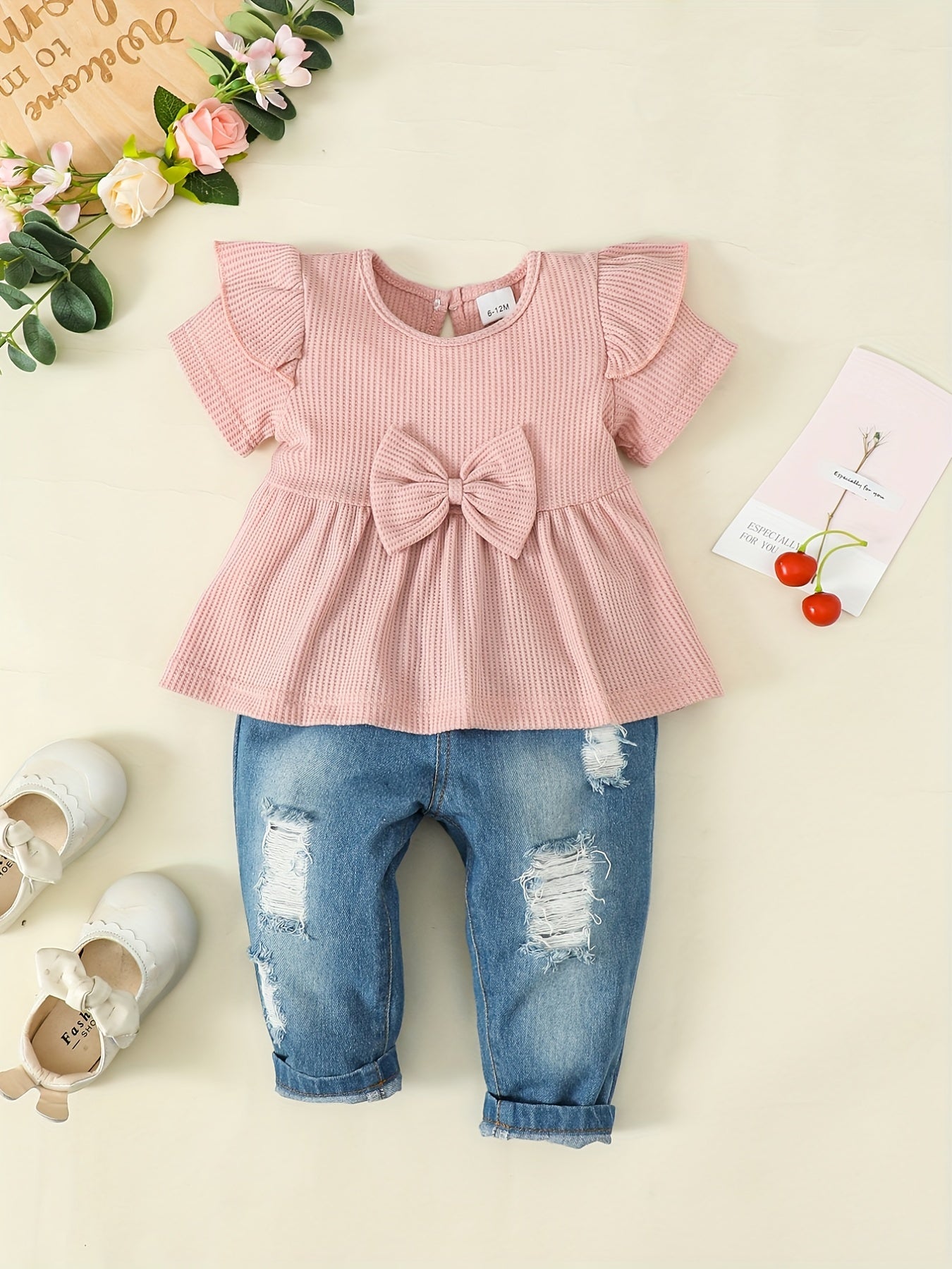 2pcs Baby Girls Bowknot Ruffle Top & Ripped Jeans Set
