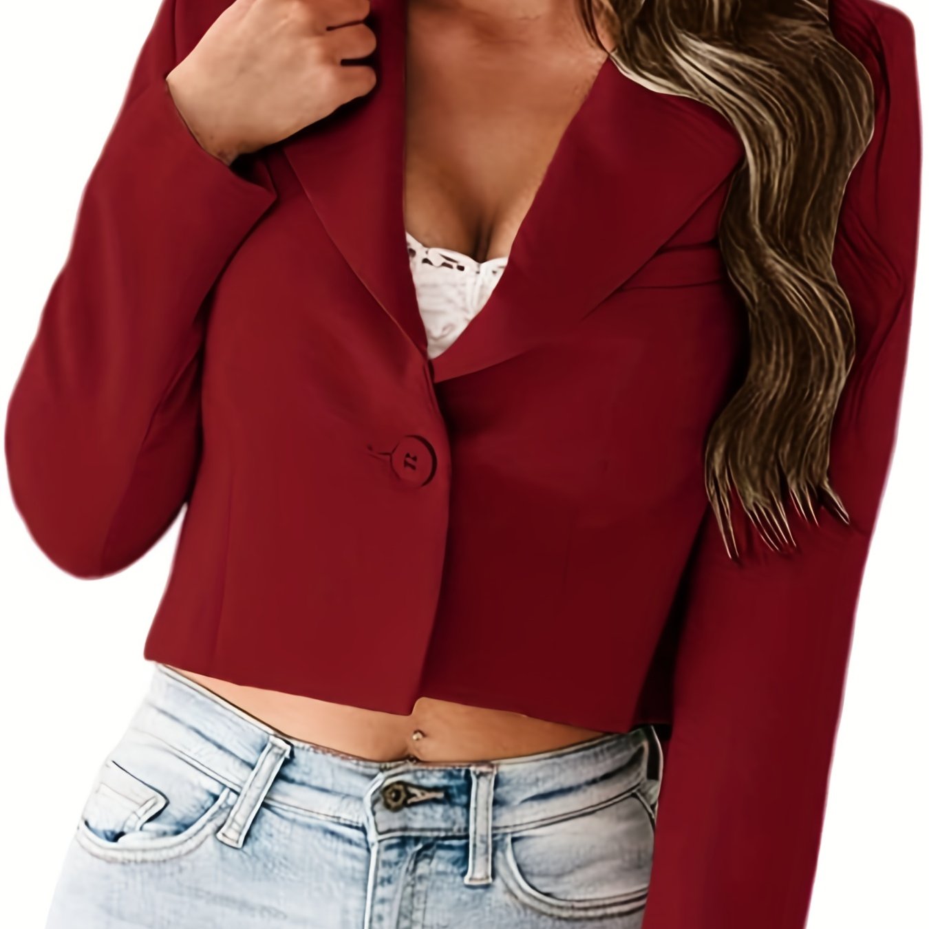 Single Button Crop Blazer Lapel Neck Long Sleeve Casual Office Blazer