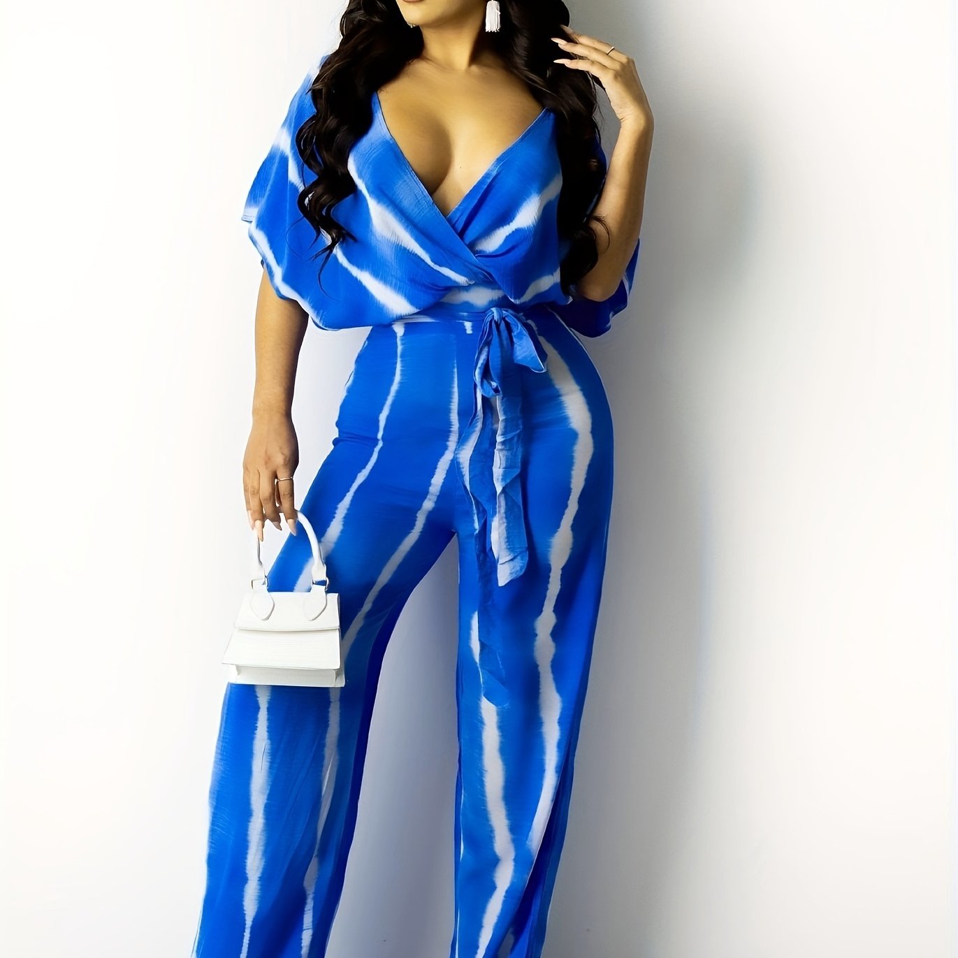  Tie Dye Batwing Sleeve V Neck Top & Wide Leg Pants Set