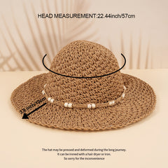 Women's Big Brim Straw Bucket Hat Wooden Bead Rope Decor Fisherman Cap