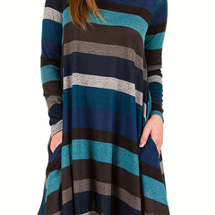  Colorblock Stripe Print Dress with Pockets