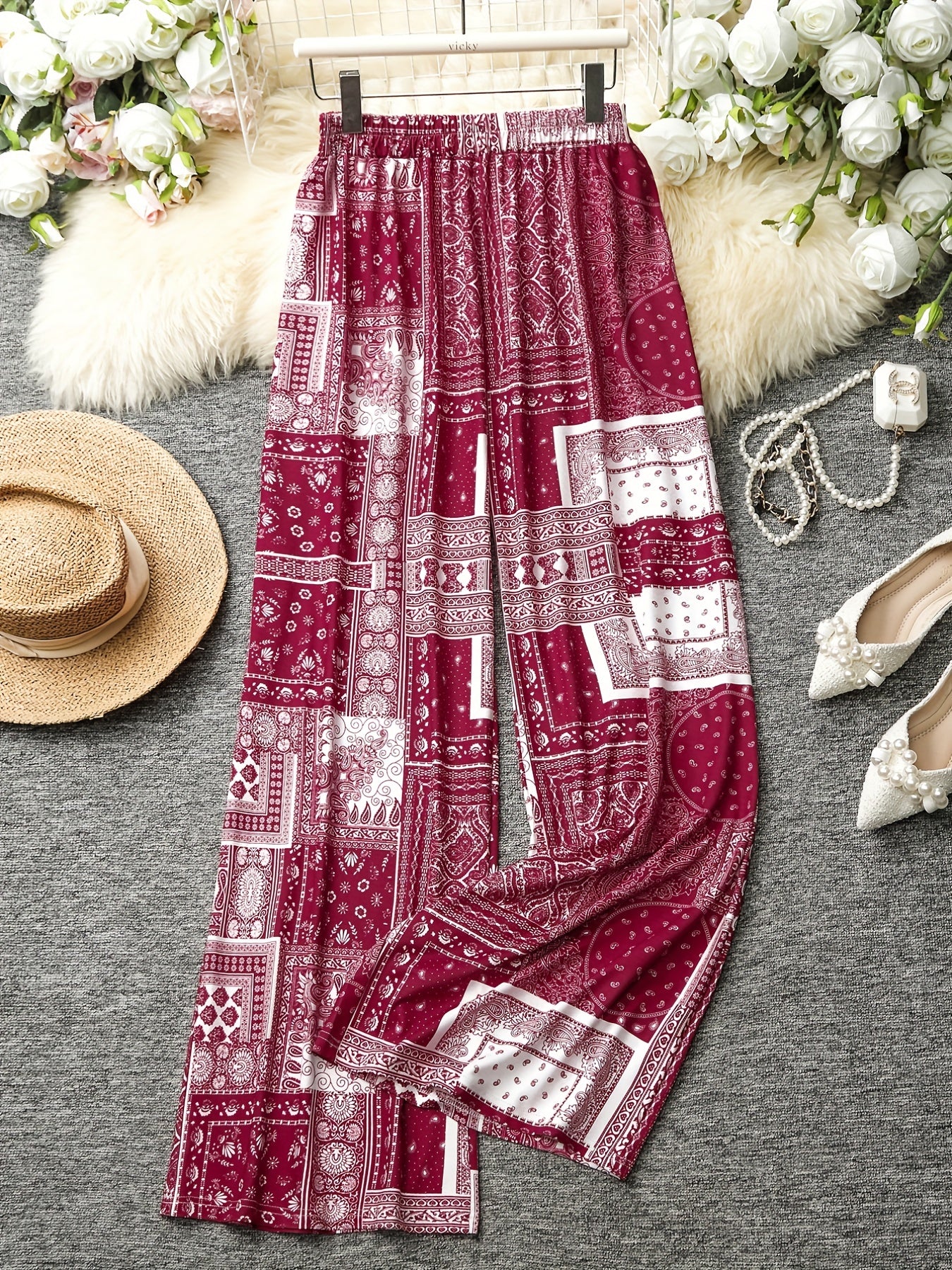 Random Print High Rise Plus Size Casual Pants
