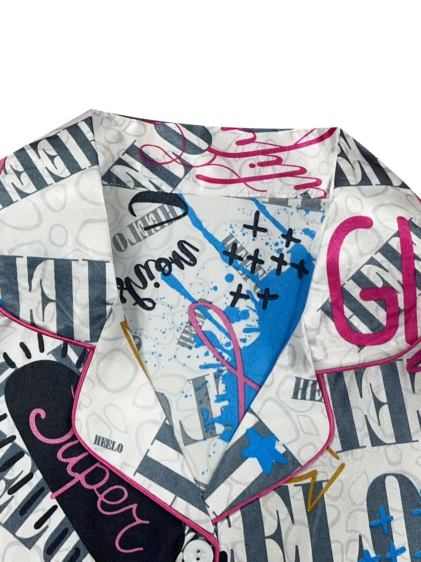  Y2K Pajamas Set Women's Plus Graffiti Print Satin Lounge 2 Piece