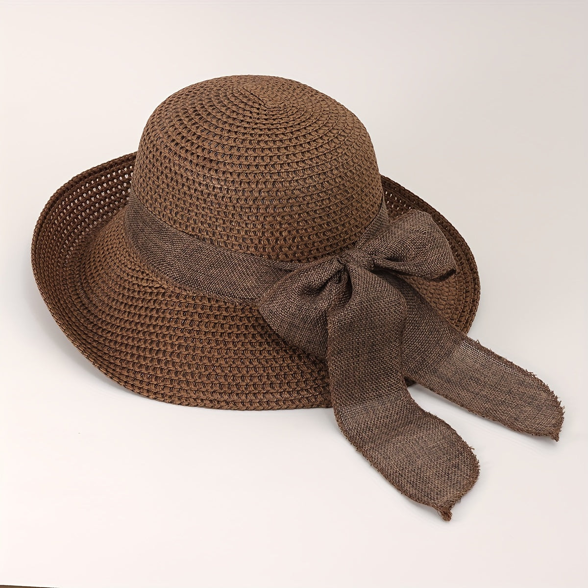 Straw Bucket Hat Bowknot Ribbon Solid Summer Beach Hat
